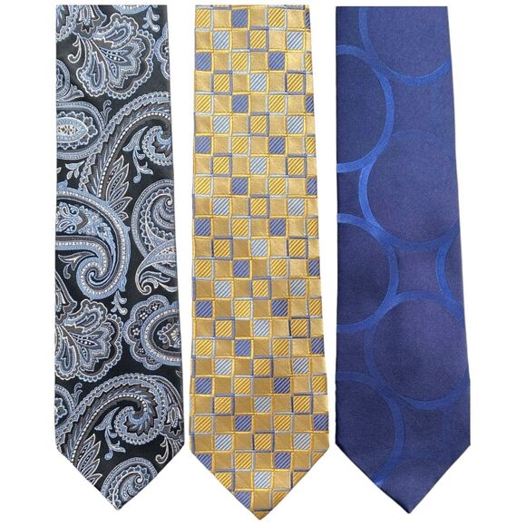 Mens Croft & Barrow Silk Neckties Blue Gray Paisley Yellow Checkered Ties, 3pcs - Picture 2 of 4